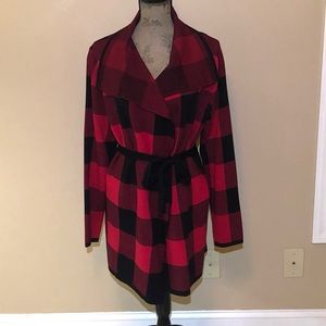 Philosophy Red & Black Christmas Plaid Wrap Style Sweater Coat. Size XL